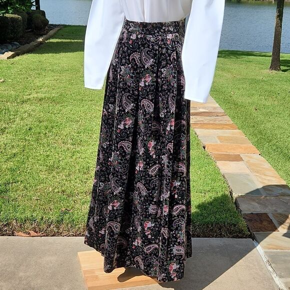 Vintage Sz 12 Westminster Lace Velvet Black Floral Pleated Maxi Skirt Victorian - Picture 8 of 11
